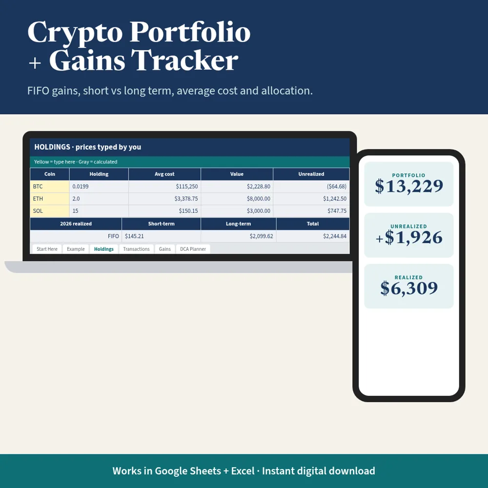 Crypto Portfolio + Gains Tracker mockup