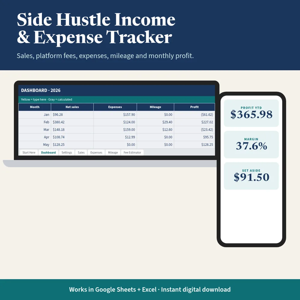 Side Hustle Income & Expense Tracker mockup