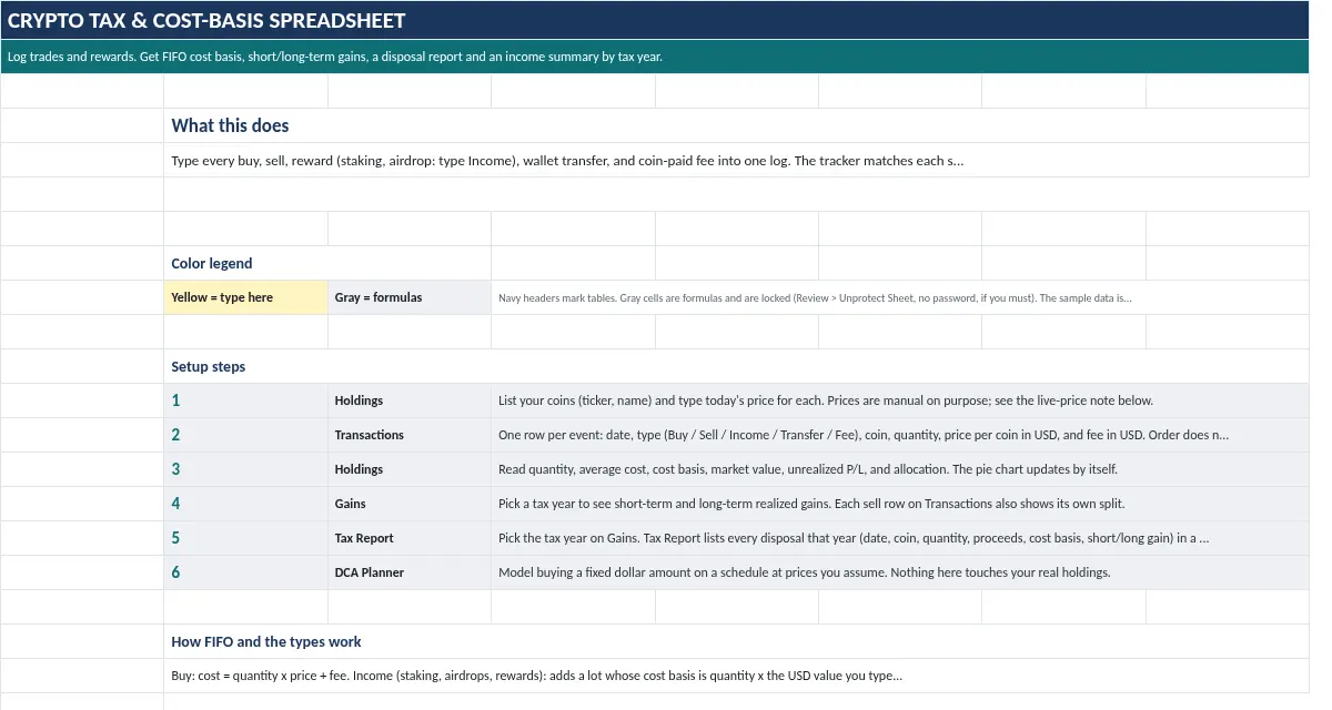 Crypto Tax & Cost-Basis Spreadsheet: Start Here tab