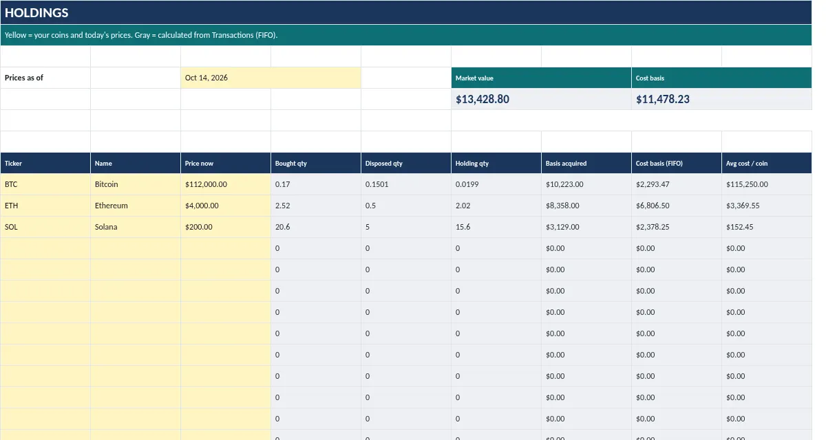 Crypto Tax & Cost-Basis Spreadsheet: Holdings tab