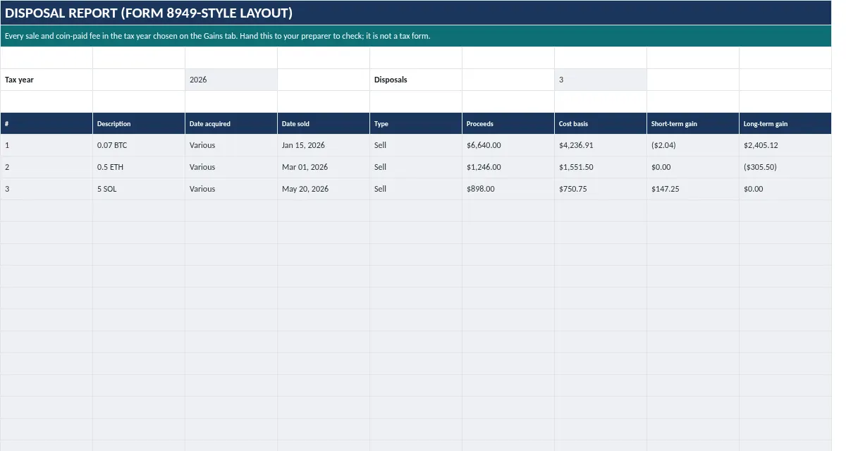 Crypto Tax & Cost-Basis Spreadsheet: Tax Report tab