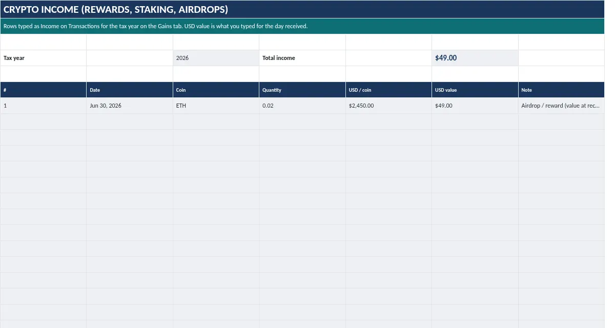 Crypto Tax & Cost-Basis Spreadsheet: Income tab