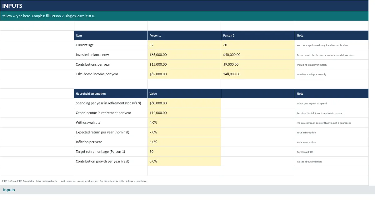 FIRE & Coast FIRE Calculator: Inputs tab