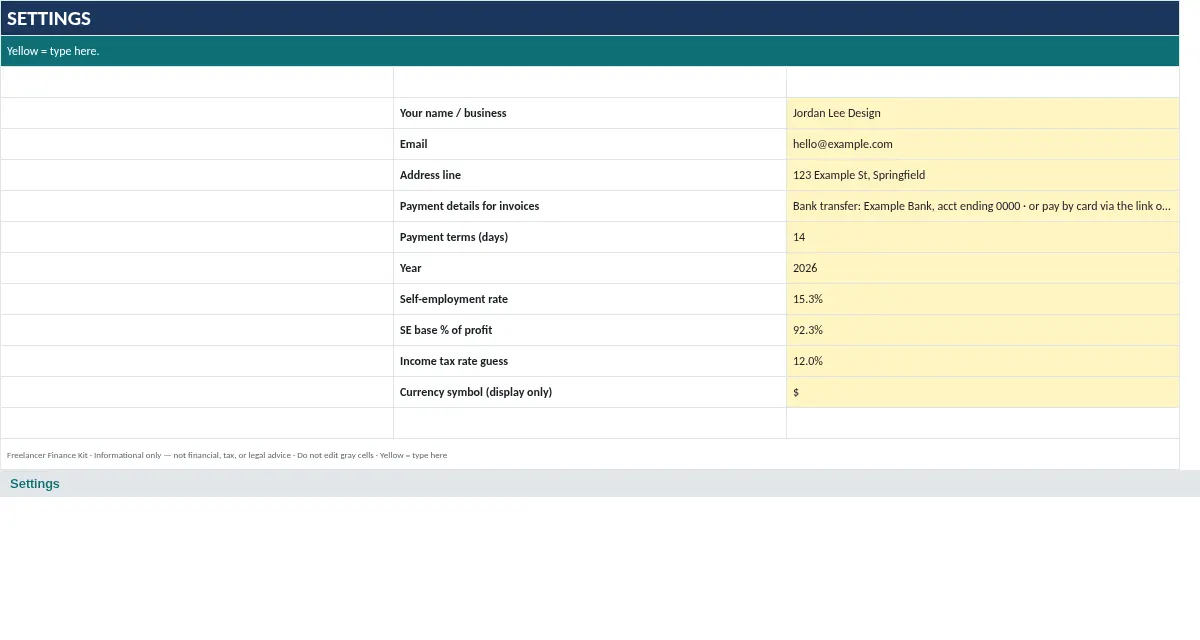 Freelancer Finance Kit: Settings tab