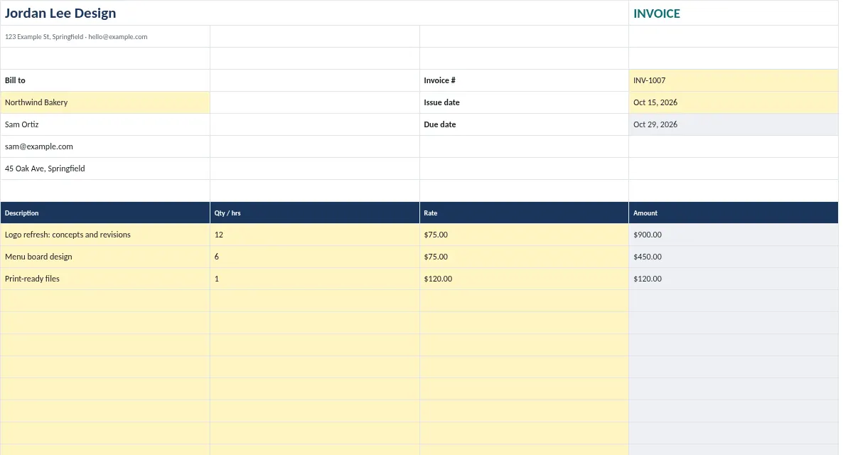 Freelancer Finance Kit: Invoice tab