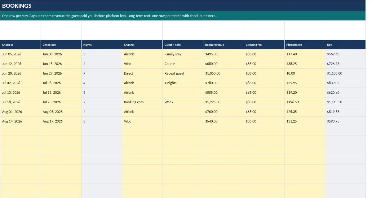 Rental Property & Airbnb Host Spreadsheet: Bookings tab