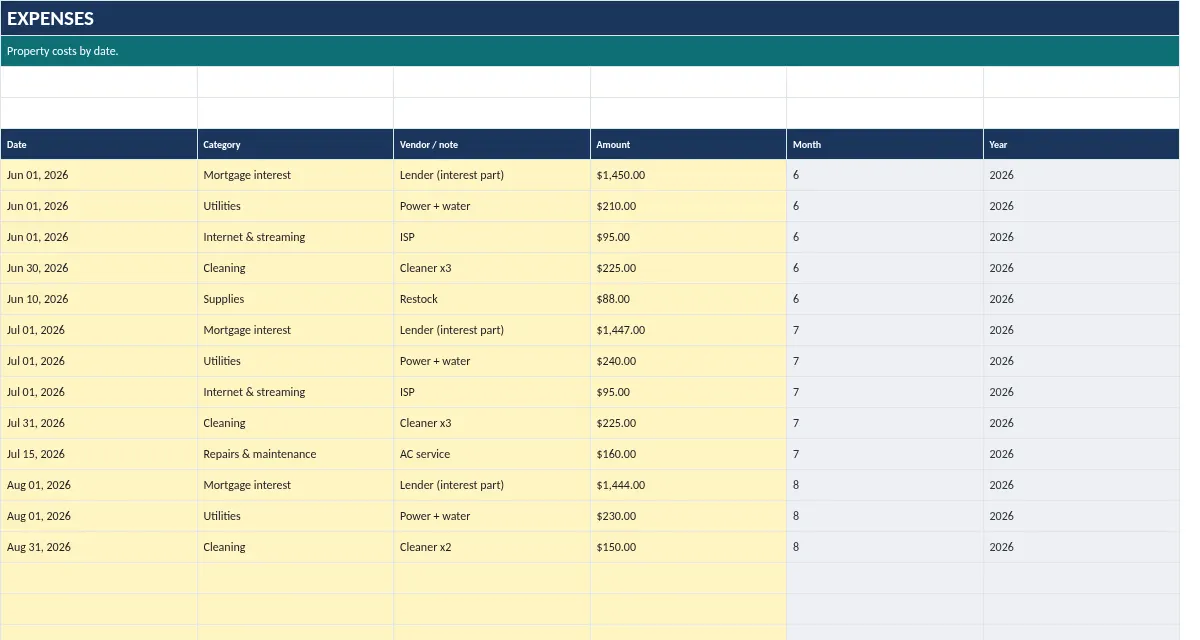 Rental Property & Airbnb Host Spreadsheet: Expenses tab