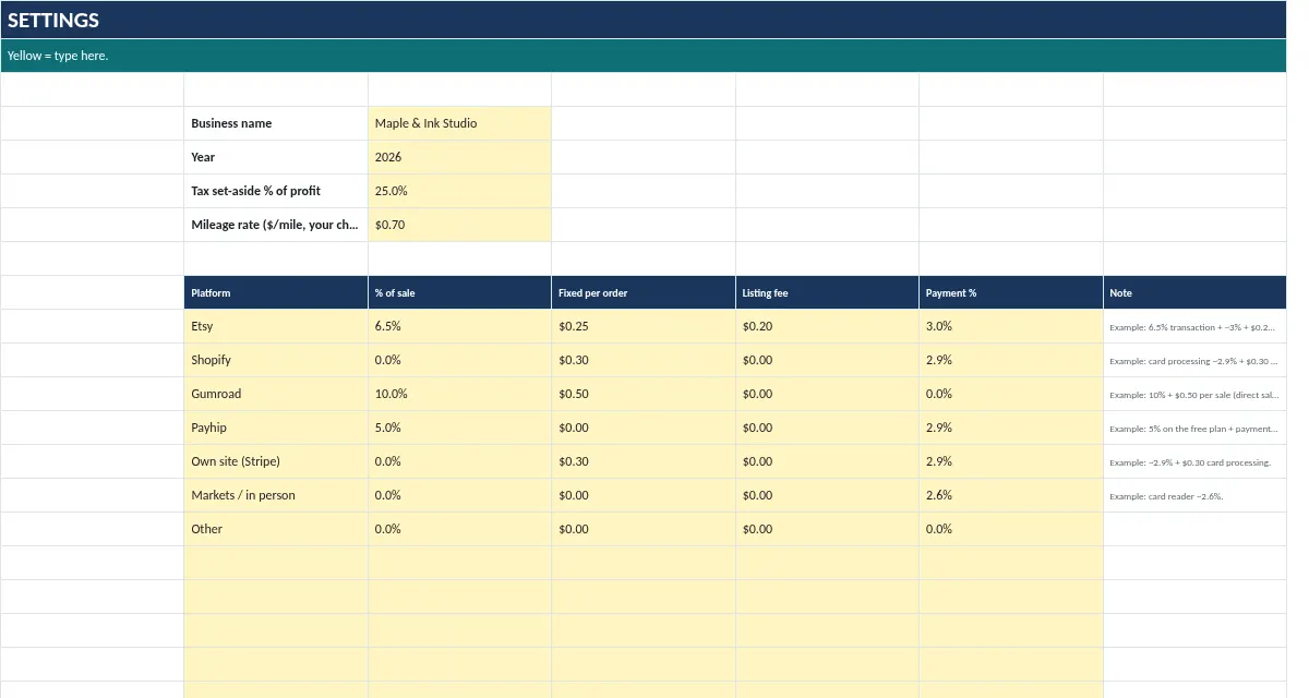 Side Hustle Income & Expense Tracker: Settings tab