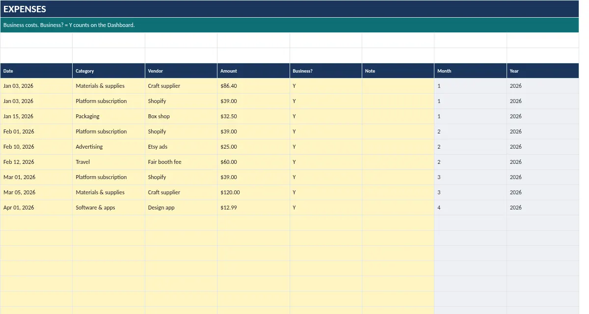 Side Hustle Income & Expense Tracker: Expenses tab