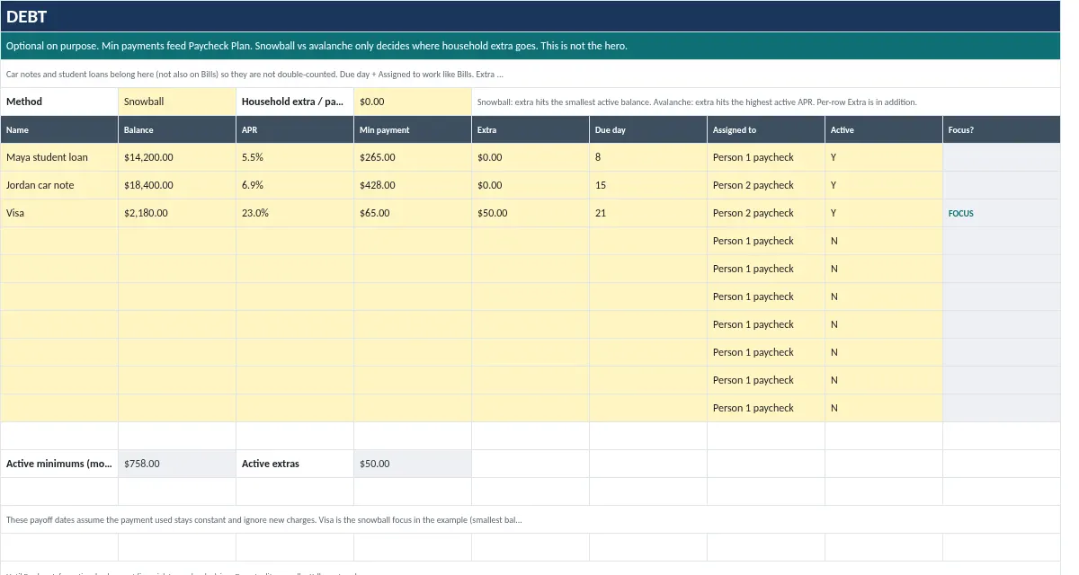 Until Payday Budget: Debt tab