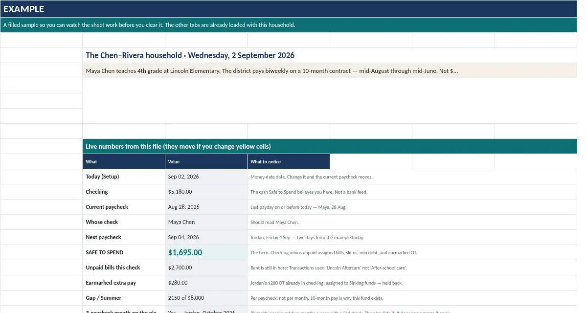 Until Payday Budget: Example tab