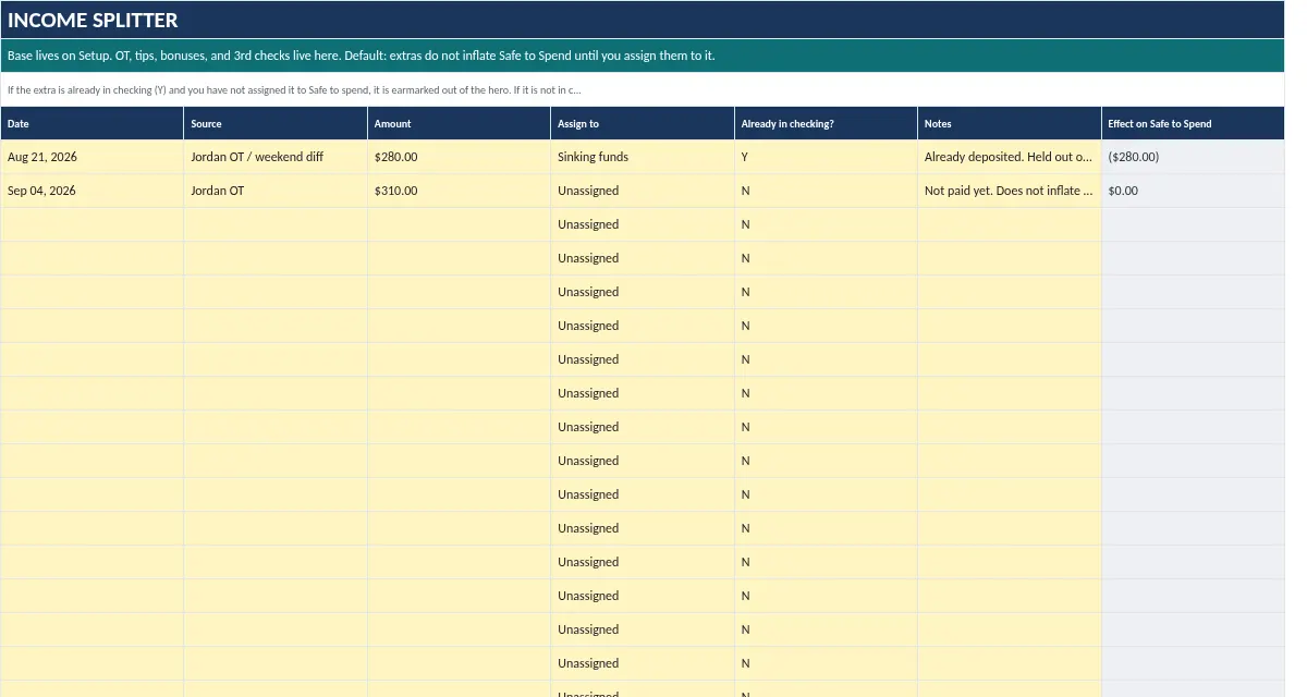 Until Payday Budget: Income Splitter tab