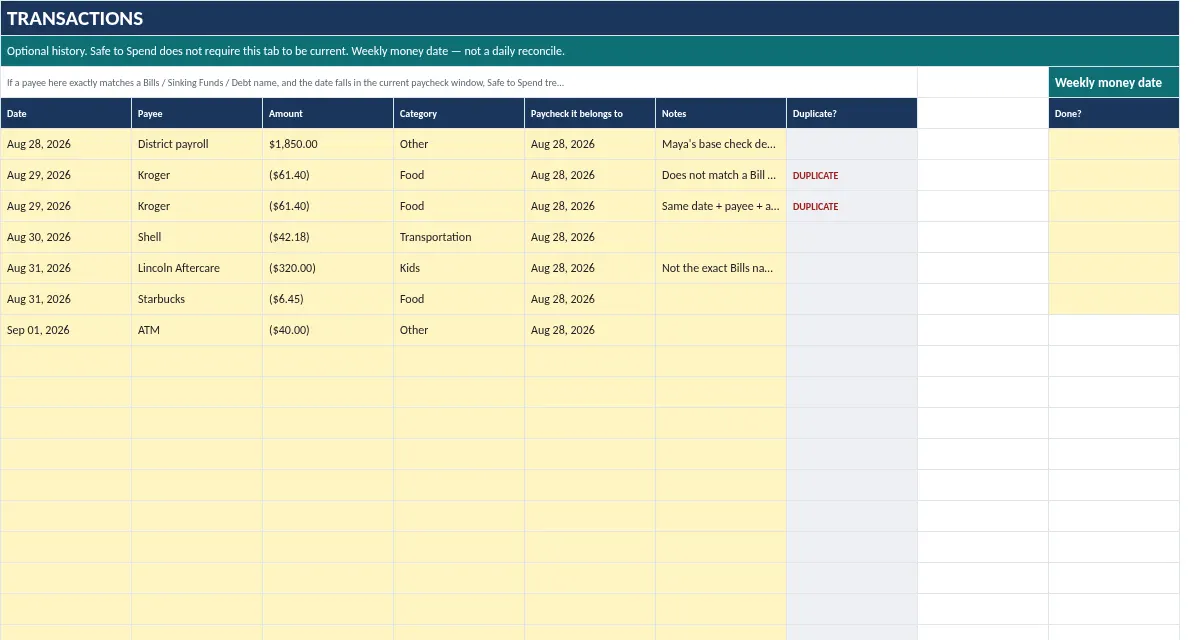 Until Payday Budget: Transactions tab